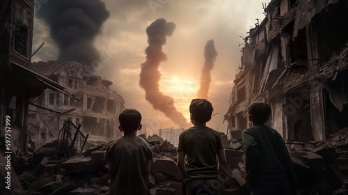 Children witness the chaotic and brutal reality of war, Generative AI