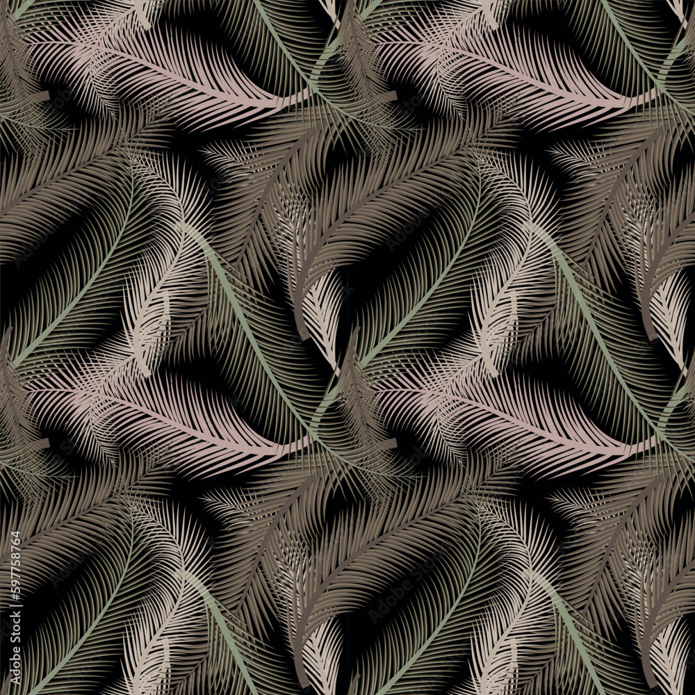 Leaves of palm tree. Seamless pattern. Vector background. Forest exotic illustration print on black