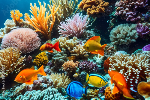 Underwater view of colourful tropical fishes, shells, starfish with beautiful natural ocean background. Life in the coral reef underwater. Wildlife concept of ecological environment. Generative AI