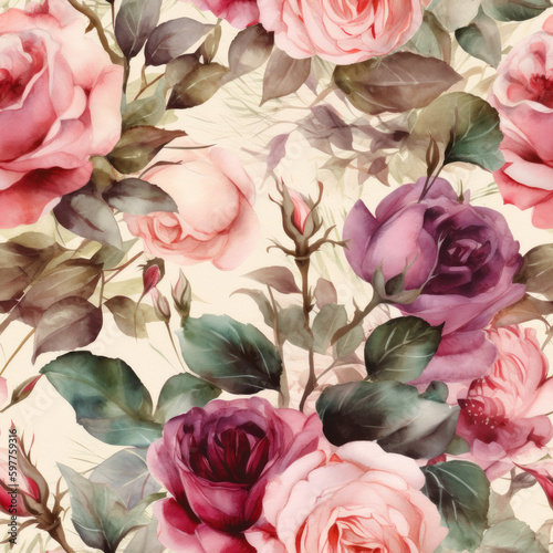 Seamless Watercolor Roses Pattern, Floral Background, Generative AI