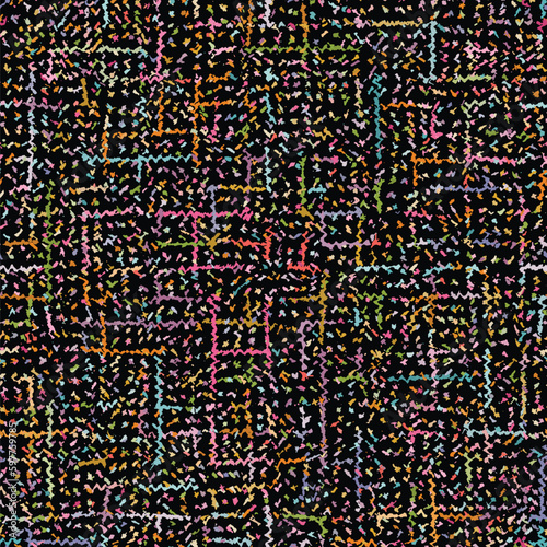 Seamless abstract geometric pattern with vertical and horizontal eroded strokes forming a multicolored net. Great as a grunge texture or background. Decorative vector image for textile and packaging.