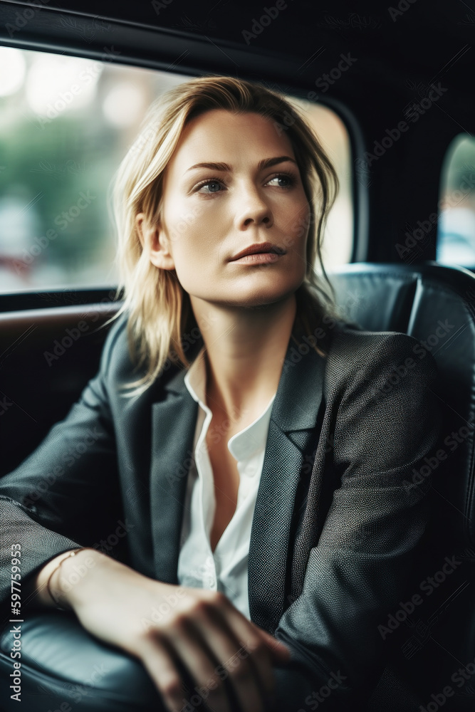 A 32-year-old successful blonde businesswoman sits elegantly in her limousine, gazing out the window, contemplating her next big move in the corporate world. Generative AI A 32-year-old successful blonde businesswoman sits elegantly in her limousine, gazing out the window, contemplating her next big move in the corporate world. Generative AI