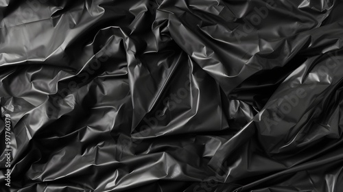 Black Crumpled Plastic Bag Texture with reflection black polythene crumpled overlay background, Black shiny folded polythene or plastic bag overlay