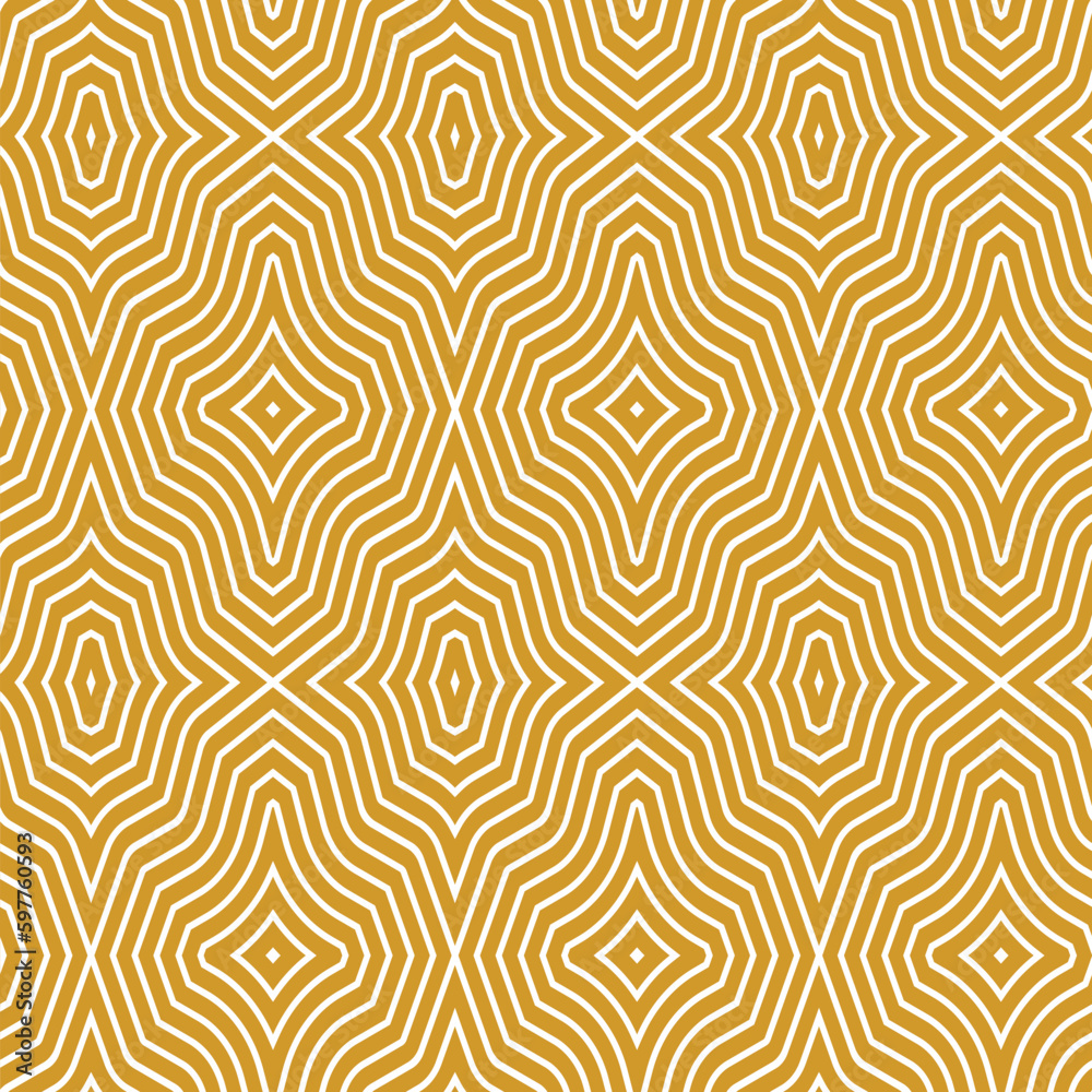 Optical illusion style geometric diamond shape elements with concentric thin white lines on a yellow background. Seamless vector pattern. Stylish texture for textile, wrapping, print, and web.