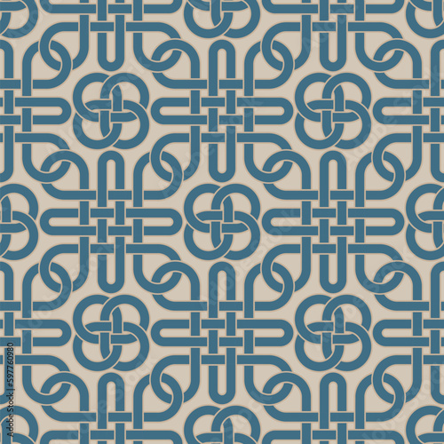 Seamless abstract geometric pattern with interlaced monochrome blue lines. Traditional ornamental Chinese style. Chain mesh. Decorative vector illustration for textile, wrapping, print, and web. 