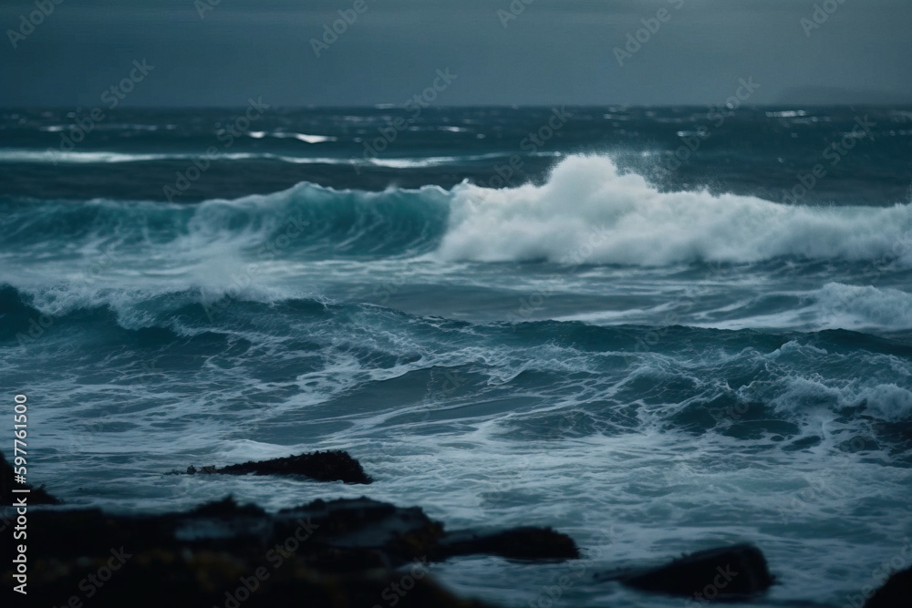 Huge waves in sea at storm. Digitally generated AI image