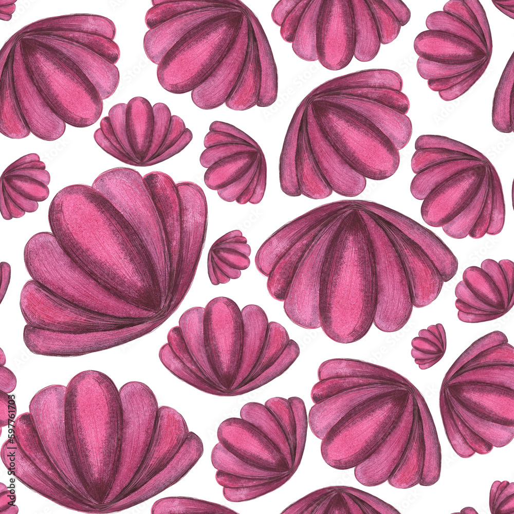 Сute, pink, seashell. watercolor illustration. Pattern on white background.For children's things, clothes, fabrics, postcards, stationery, toys, interior, bed linen, wrapping paper.