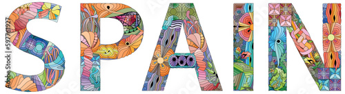 Spain is a country primarily located in southwestern Europe with parts of territory in the Atlantic Ocean. Vector decorative zentangle object