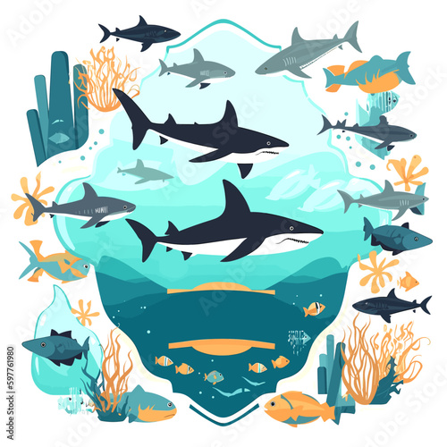 Fototapeta Naklejka Na Ścianę i Meble -  marine aquarium, aquatic reserve, ocean life, cartoon vector illustration. label, sticker, t-shirt printing
