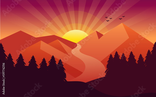 sunset in the middle of mountains and river landscape