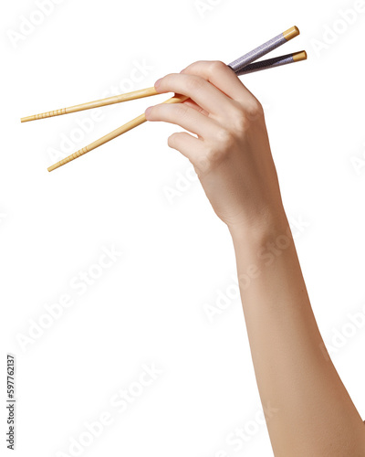 Hand holding wooden chopsticks on transparent background