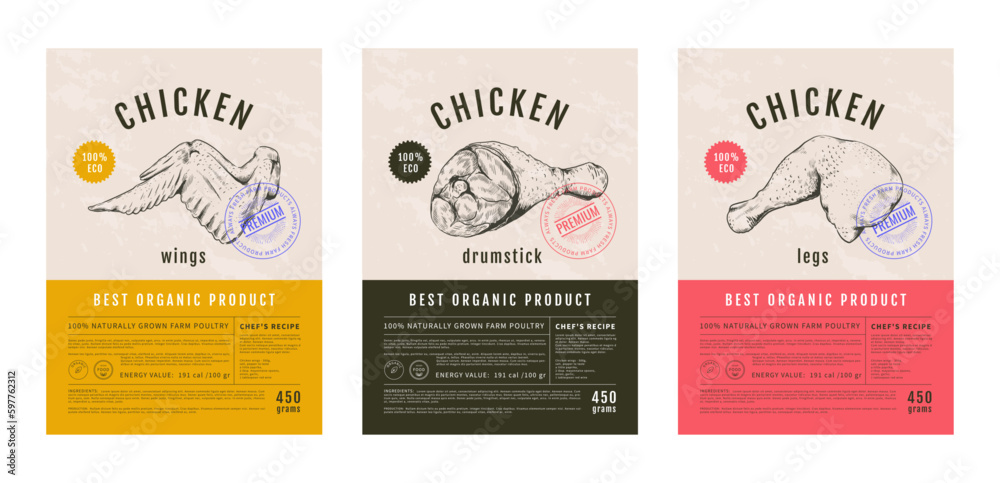 Food label design. Chicken retro package, tag or sticker for poultry product, sketch meat banner for market. Craft butcher farm packaging. Hand drawn sketch elements. Vector template