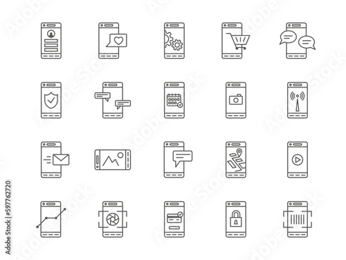 Mobile line symbols. Cellphone payment. Screen lock icons. Statistics smartphone function. Setting and search gear. Notification service. Phone application. Vector app pictograms set