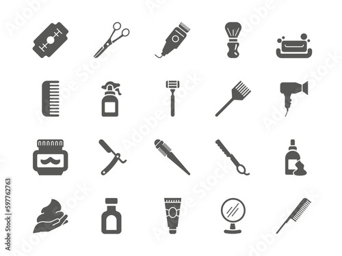 Barbershop shaving accessories. Barber silhouette icons. Hipster fashionable brush. Razor or blade. Hair cut tools. Mustache styling cream. Foam for shaver. Beauty salon. Vector symbols set
