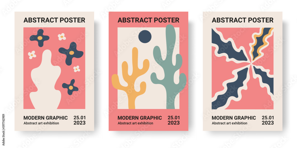 Abstract groovy flowers. Matisse posters, minimal art modern organic lines, contemporary floral fashion artwork, flower prints set. Pink and beige colors simple shapes. Vector design collection