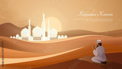 Islam prayer, mosque on desert background. Muslim ramadan kareem, eid mubarak celebration, pray and fasting on sand landscape. Arab religion holidays. Vector cartoon flat illustration