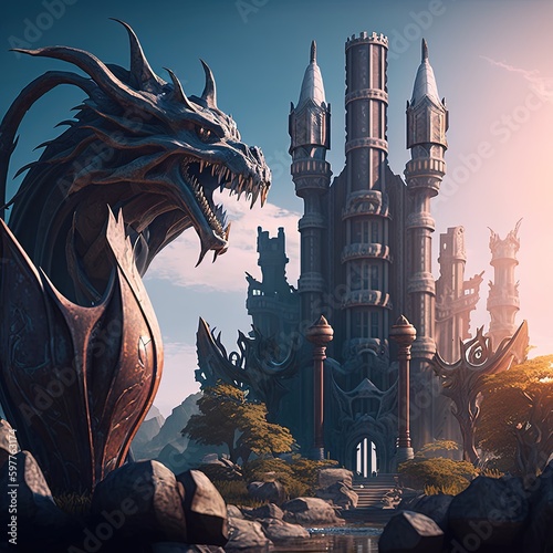 A beautiful valyrian arcane towers within a magical city, whilst dragons flying through the sky photo