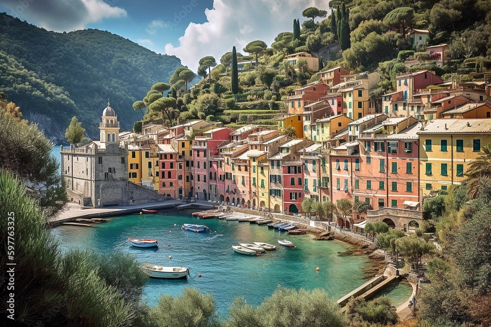 Portofino, Italy: Charming Fishing Village, Colorful Buildings, Mediterranean Views, Generative AI