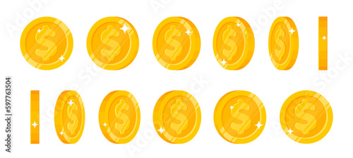 Gold coin. Flip money logo or icon collection, virtual currency animation, game profit, different angles view. Falling shiny metallic chip. Glossy isolated elements. Vector cartoon jackpot set