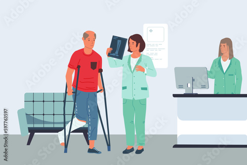 Patient examination. Injured man visiting doctor in hospital. Broken leg x-ray. Guy with crutch. Traumatologist professional consultation. Ill person treatment. Vector illustration