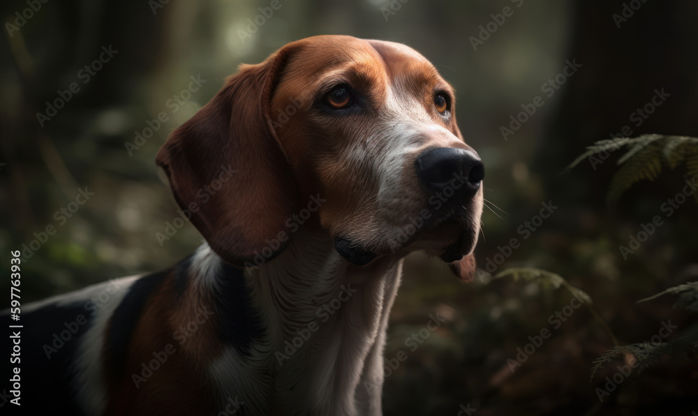close up photo of foxhound on blurry forest background. Generative AI close up photo of foxhound on blurry forest background. Generative AI