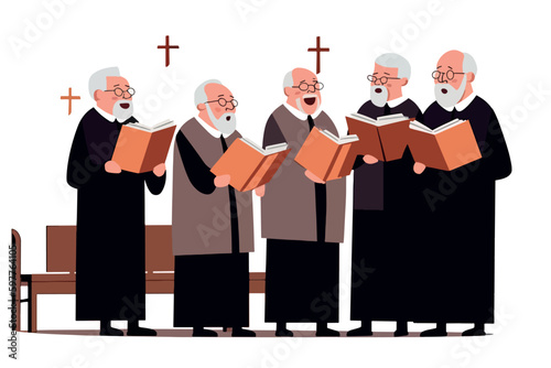 Senior priest with books harmonize in the church choir. Old seniors with textbooks perform on stage. Music, lecture. Vector graphic