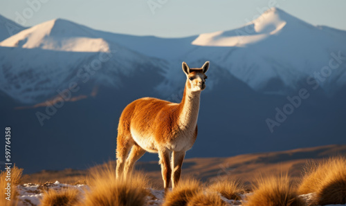 Photo of guanaco  Lama guanicoe  standing majestically on windswept Andean plateau  with snow-capped mountains   clear blue sky in the background. its fur is highlighted by golden light. Generative AI