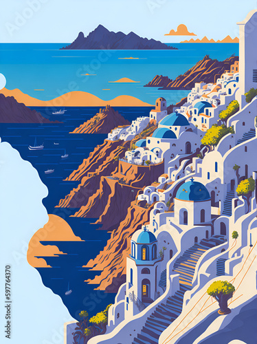 Santorini Coast landscape. AI generated illustration © vector_master