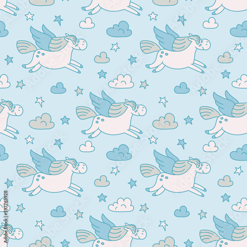 Cute flying horses in night sky. Pegas seamless vector pattern