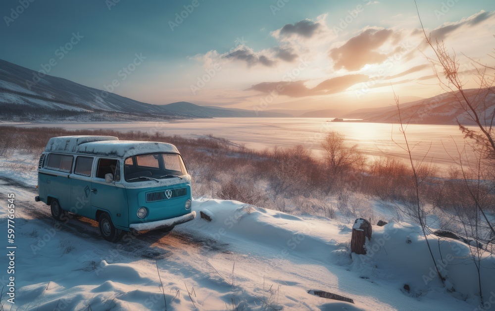 Car for winter travel on the lake, sun, photography, AI