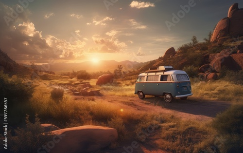 Car for traveling in the mountains in summer, sun, tourism, photography, AI