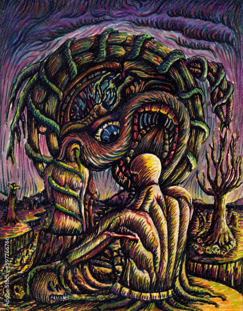 Obraz premium Art surreal power of nature. Hand painting on paper.