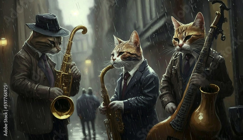 Drei Katzen spielen Musikinstrumente auf der Straße photo