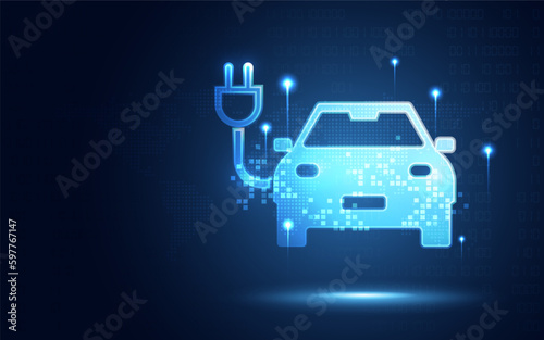 Futuristic EV Electric vehicle charging car and station digital transformation abstract technology background. Innovative technology and Sustainable and alternative energy concept. Vector illustration