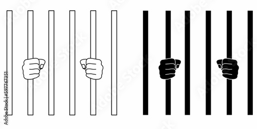 human hands behind bars vector illustration.outline silhouette Hands holding prison bars icon set isolated on white background