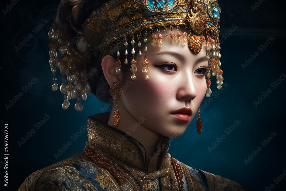 A portrait of a gracefully poised Asian woman, dressed in a lavish and intricate outfit with intricate accessories, exuding elegance and refinement. generative AI A portrait of a gracefully poised Asian woman, dressed in a lavish and intricate outfit with intricate accessories, exuding elegance and refinement. generative AI