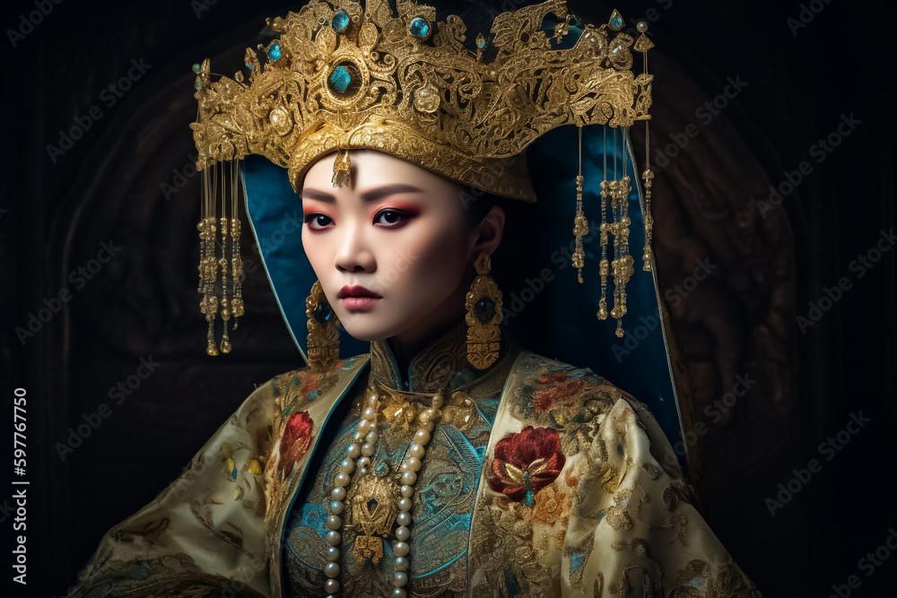 A portrait of a gracefully poised Asian woman, dressed in a lavish and intricate outfit with intricate accessories, exuding elegance and refinement. generative AI