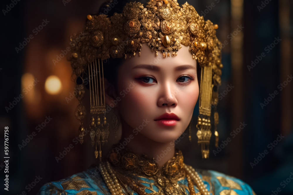 A portrait of a gracefully poised Asian woman, dressed in a lavish and intricate outfit with intricate accessories, exuding elegance and refinement. generative AI