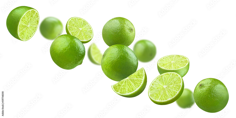 Flying delicious lime fruits, cut out