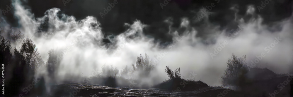 Thick fog on a black background, moving in different directions. Smoke texture. Overlay. Generative AI.