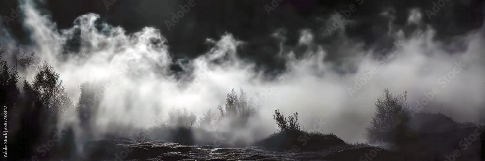 Fototapeta premium Thick fog on a black background, moving in different directions. Smoke texture. Overlay. Generative AI.