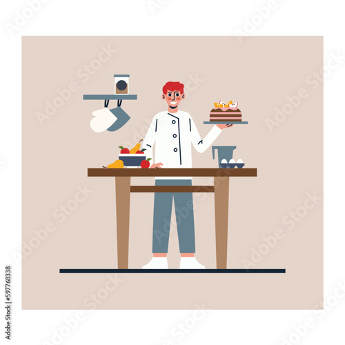 Cartoon character of positive young man working as professional confectioner