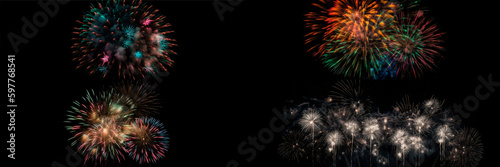 A large set of multi-colored fireworks on a black background. overlay. New Year s Eve. Fireworks fly in all directions. Generative AI. fireworks