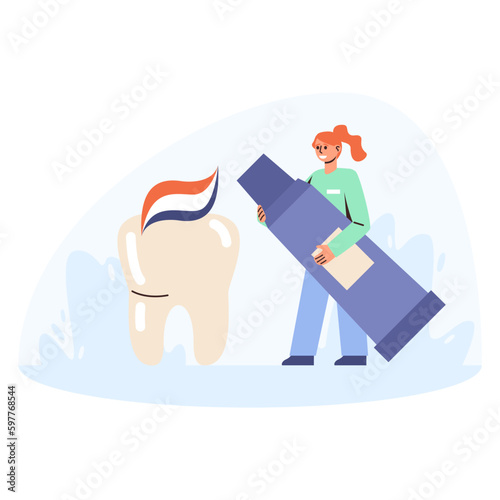 Cartoon character of young female dentist holding toothpaste