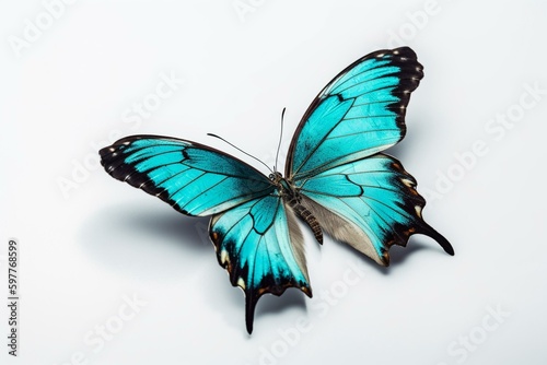 A butterfly in turquoise color flying in the air and on a white background. Generative AI