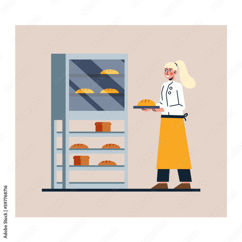 Cartoon character of young woman in apron engaged in baking fresh and tasty bread