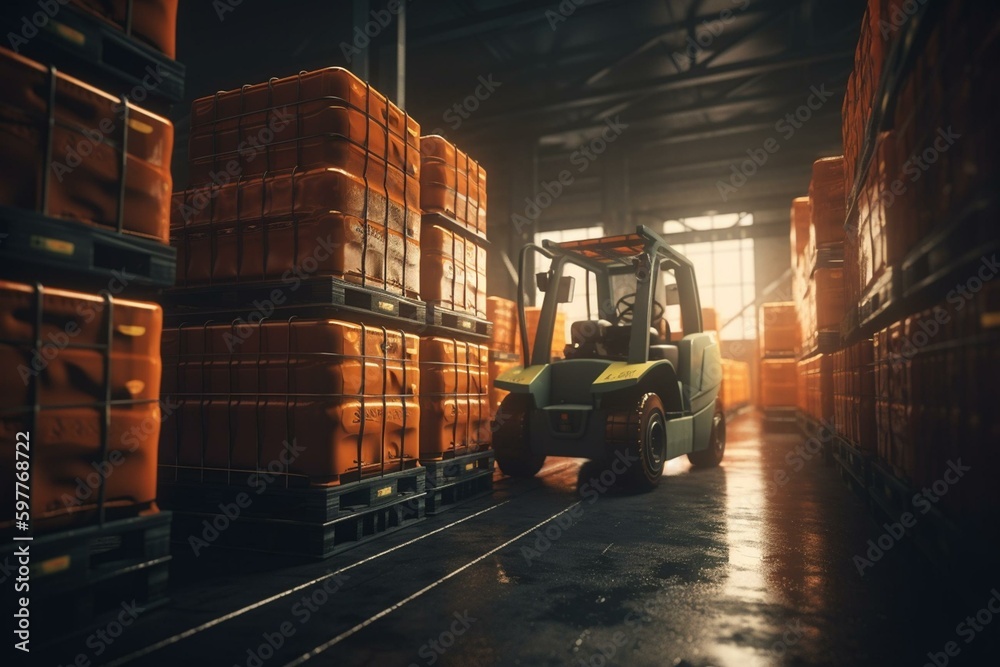 Forklift and containers in logistic business. Technology for transportation of goods. 3D rendering. Generative AI