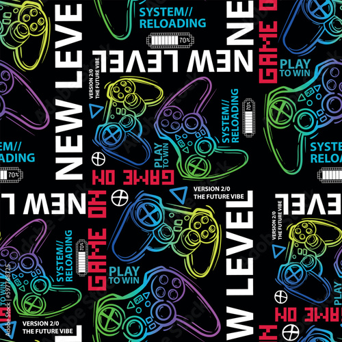 Seamless bright pattern with joysticks. gaming cool print for boys and girls. Suitable for textiles, sportswear, web
