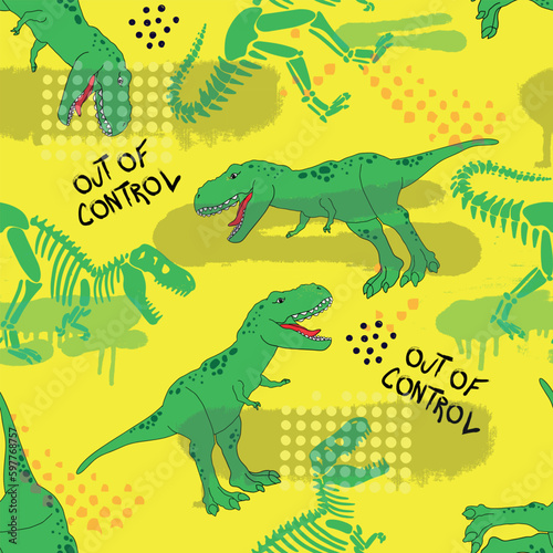 Seamless Dino pattern, print for T-shirts, textiles, wrapping paper, web. Original design with t-rex,dinosaur . grunge design for boys . © SokolArtStudio