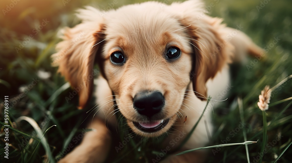  Cute puppy playing in the grass, Generative AI